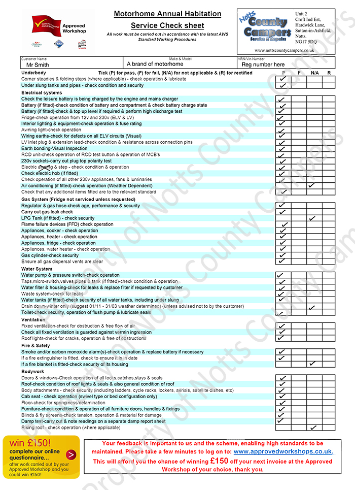 notts county campers motorhome service check sheet pt1